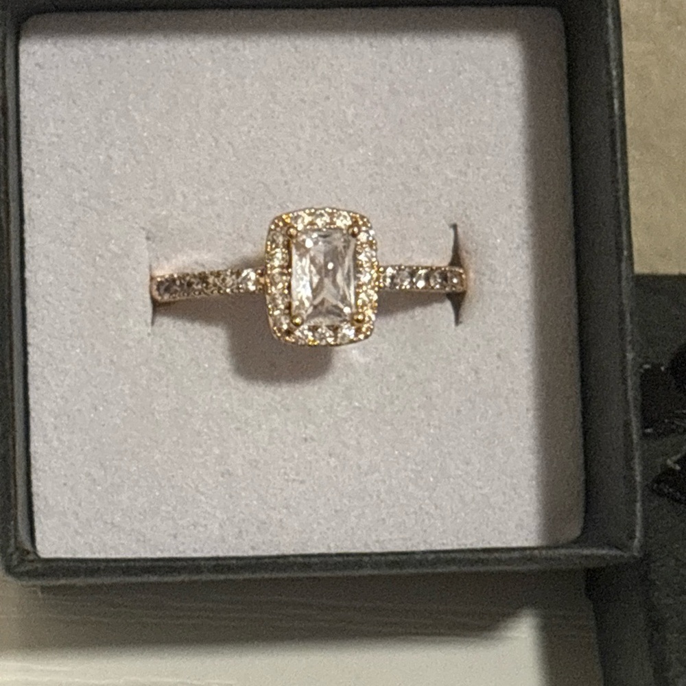 Rose Gold Plated Emerald Cut Halo Ring Size 8 | Pavé CZ Engagement Style